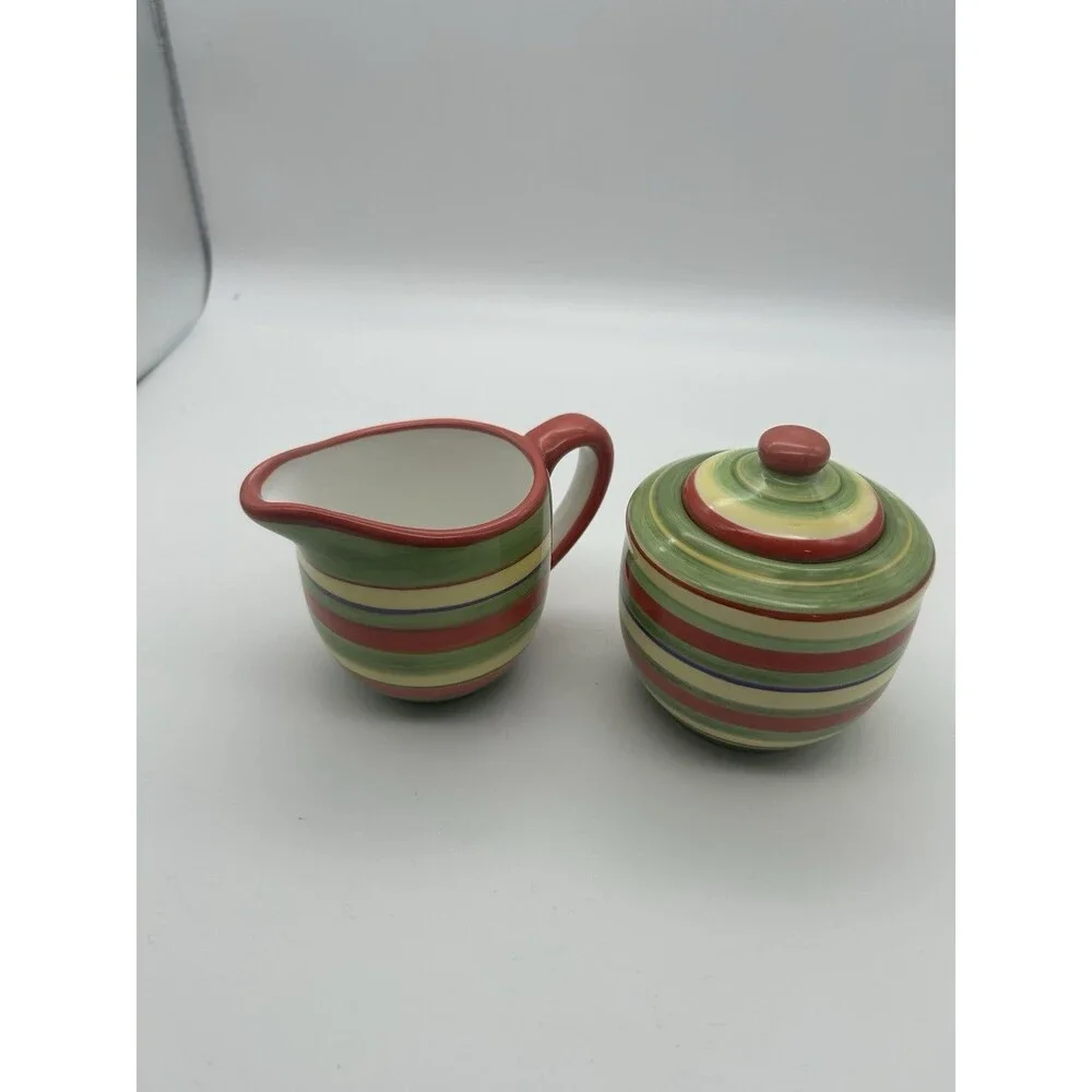 Dansk China Sugar Bowl & Lid and Creamer Tropical Swirls  Discontinued